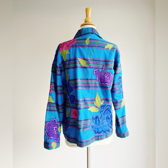 VINTAGE CHICO'S Blue Cotton Jacket With Silk Floral Appliqué S/8 - Picture 5 of 8